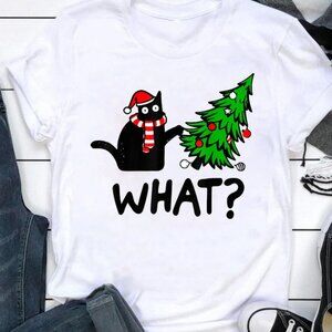 Funny Cat Pushing Christmas Tree, Cat What T-Shirt Meowy Christmas